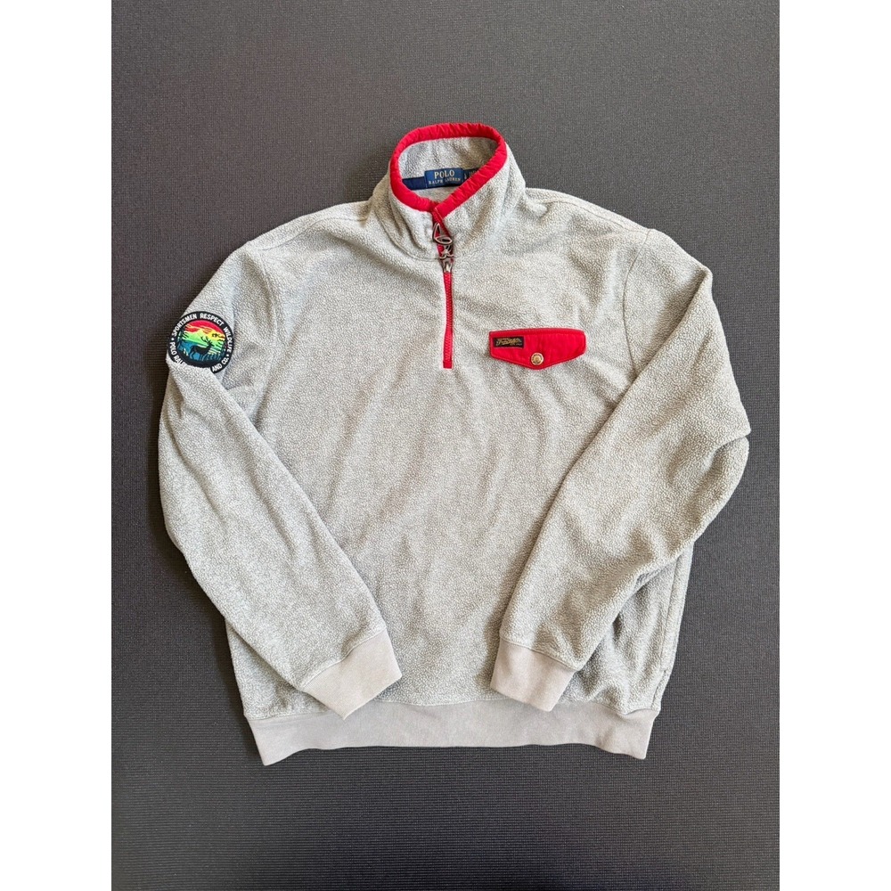 Polo Ralph Lauren Sweater Mens Large Gray Red Sportsman Respect 1/4 Zip Pullover